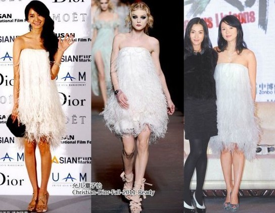 章子怡梳着个貌似清新纯章子怡穿着Christian Dior 2011FW系列白毛裙跳起草裙舞